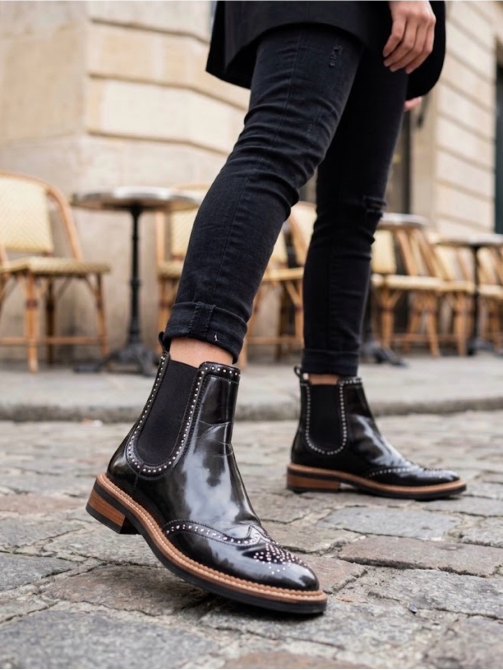 Polished Black Chelsea Brogue Booties with Stud Detailing